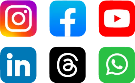 The app icons of Facebook, Instagram, Threads, Whatsapp, Linkedin and Youtube